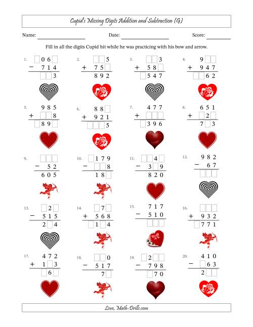 The Cupid's Missing Digits Addition and Subtraction (Easier Version) (G) Math Worksheet
