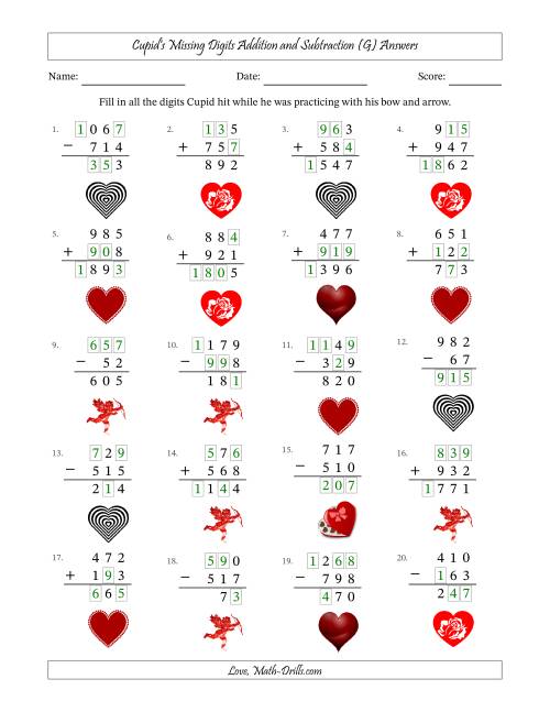 The Cupid's Missing Digits Addition and Subtraction (Easier Version) (G) Math Worksheet Page 2