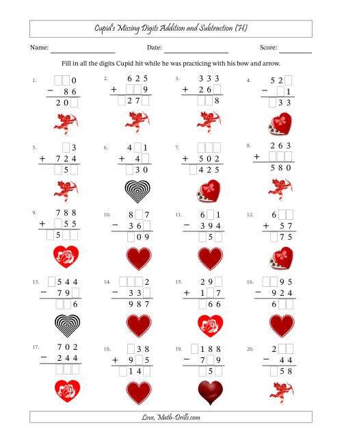 The Cupid's Missing Digits Addition and Subtraction (Easier Version) (H) Math Worksheet