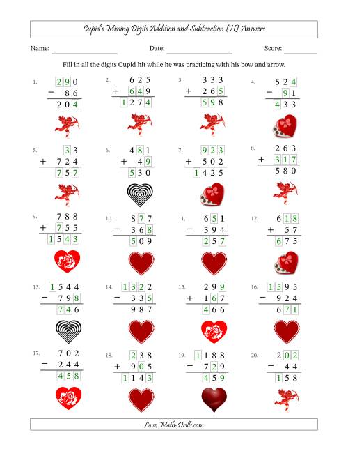 The Cupid's Missing Digits Addition and Subtraction (Easier Version) (H) Math Worksheet Page 2