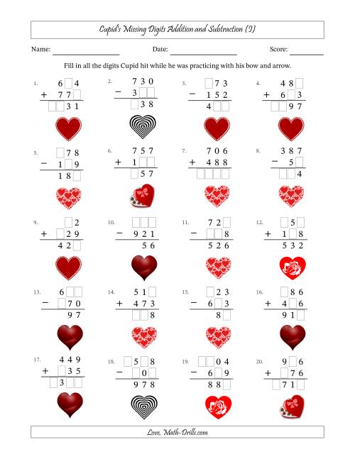 The Cupid's Missing Digits Addition and Subtraction (Easier Version) (I) Math Worksheet
