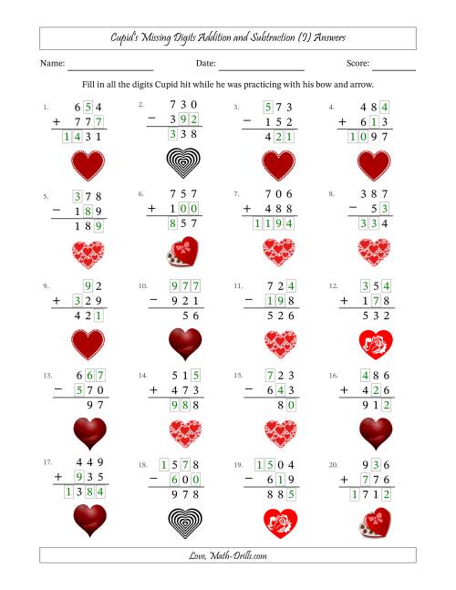 The Cupid's Missing Digits Addition and Subtraction (Easier Version) (I) Math Worksheet Page 2
