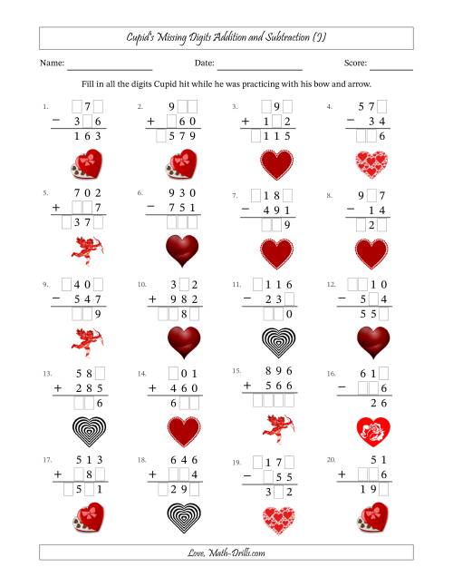 The Cupid's Missing Digits Addition and Subtraction (Easier Version) (J) Math Worksheet