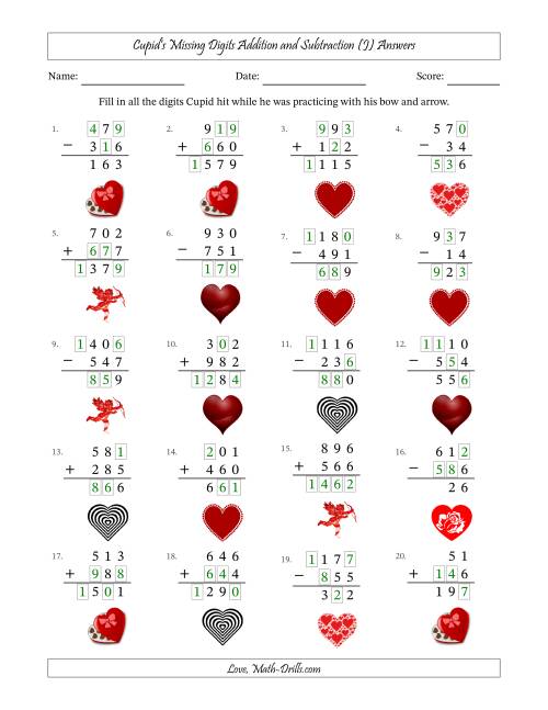The Cupid's Missing Digits Addition and Subtraction (Easier Version) (J) Math Worksheet Page 2