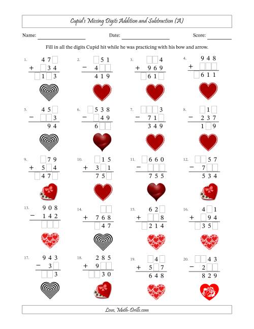 The Cupid's Missing Digits Addition and Subtraction (Easier Version) (All) Math Worksheet
