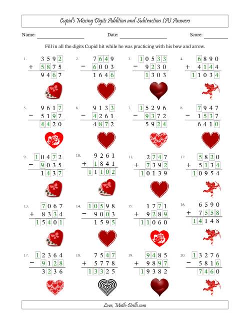 The Cupid's Missing Digits Addition and Subtraction (Harder Version) (A) Math Worksheet Page 2