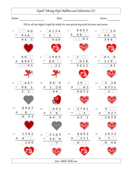 The Cupid's Missing Digits Addition and Subtraction (Harder Version) (C) Math Worksheet