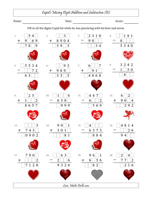 The Cupid's Missing Digits Addition and Subtraction (Harder Version) (D) Math Worksheet