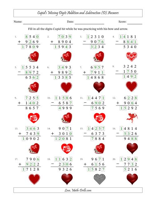 The Cupid's Missing Digits Addition and Subtraction (Harder Version) (D) Math Worksheet Page 2