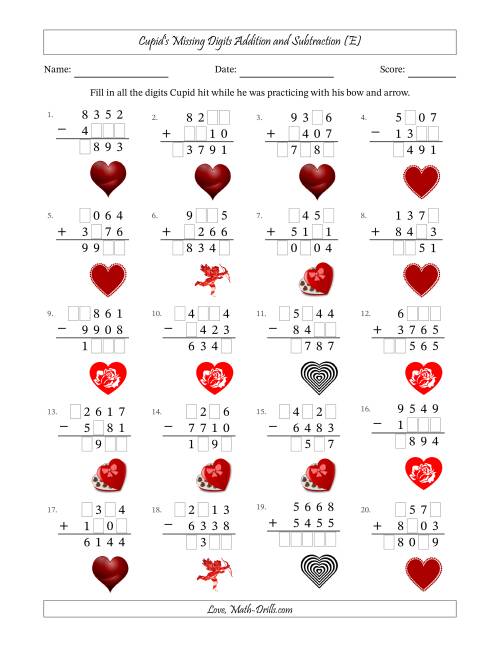 The Cupid's Missing Digits Addition and Subtraction (Harder Version) (E) Math Worksheet