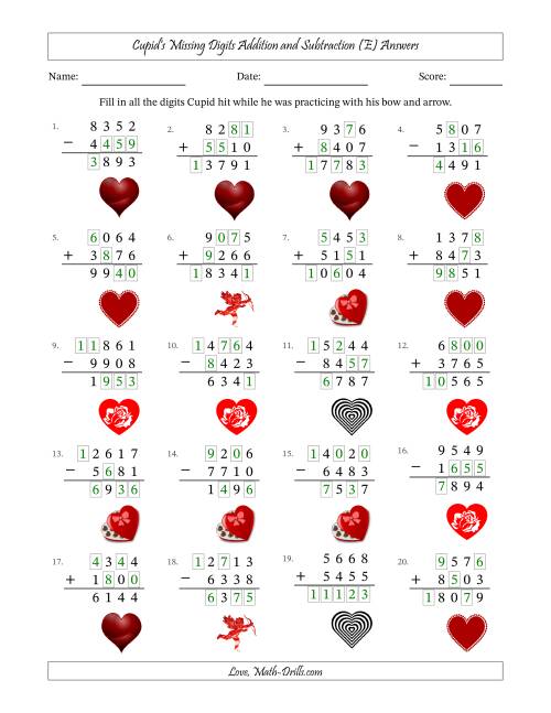 The Cupid's Missing Digits Addition and Subtraction (Harder Version) (E) Math Worksheet Page 2
