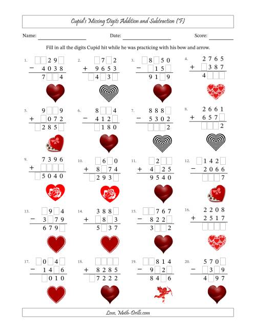 The Cupid's Missing Digits Addition and Subtraction (Harder Version) (F) Math Worksheet