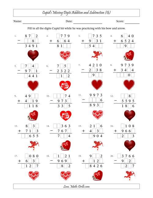The Cupid's Missing Digits Addition and Subtraction (Harder Version) (G) Math Worksheet