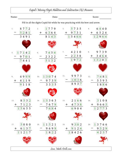 The Cupid's Missing Digits Addition and Subtraction (Harder Version) (G) Math Worksheet Page 2