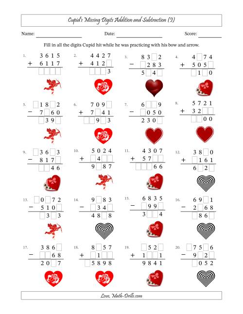 The Cupid's Missing Digits Addition and Subtraction (Harder Version) (I) Math Worksheet