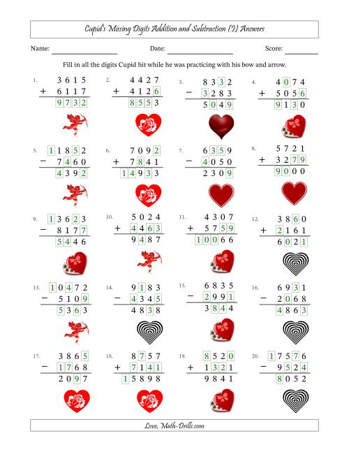 The Cupid's Missing Digits Addition and Subtraction (Harder Version) (I) Math Worksheet Page 2