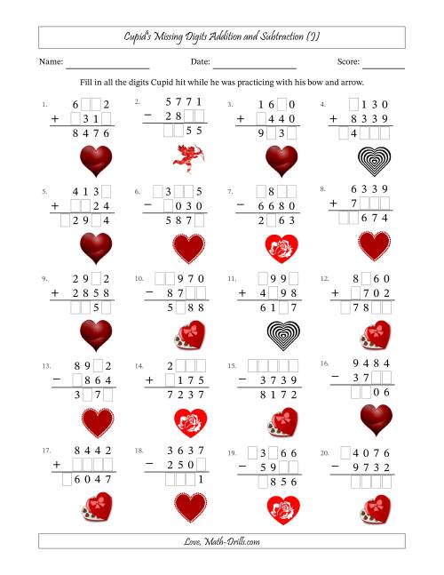 The Cupid's Missing Digits Addition and Subtraction (Harder Version) (J) Math Worksheet