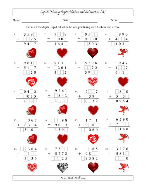 The Cupid's Missing Digits Addition and Subtraction (Harder Version) (All) Math Worksheet