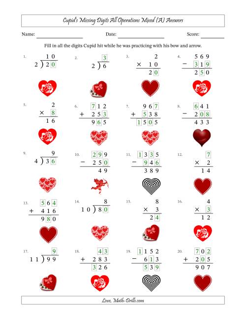 The Cupid's Missing Digits All Operations Mixed (Easier Version) (A) Math Worksheet Page 2