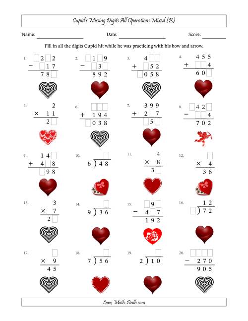 The Cupid's Missing Digits All Operations Mixed (Easier Version) (B) Math Worksheet