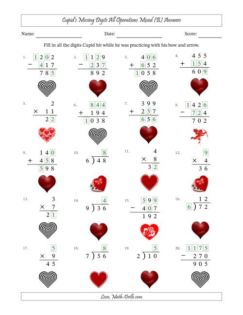 The Cupid's Missing Digits All Operations Mixed (Easier Version) (B) Math Worksheet Page 2