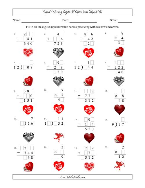 The Cupid's Missing Digits All Operations Mixed (Easier Version) (C) Math Worksheet