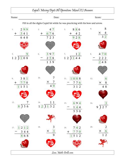 The Cupid's Missing Digits All Operations Mixed (Easier Version) (C) Math Worksheet Page 2