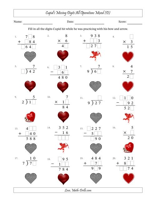 The Cupid's Missing Digits All Operations Mixed (Easier Version) (D) Math Worksheet