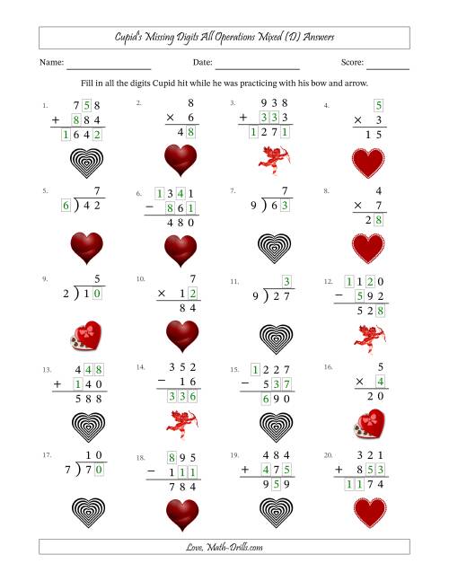 The Cupid's Missing Digits All Operations Mixed (Easier Version) (D) Math Worksheet Page 2