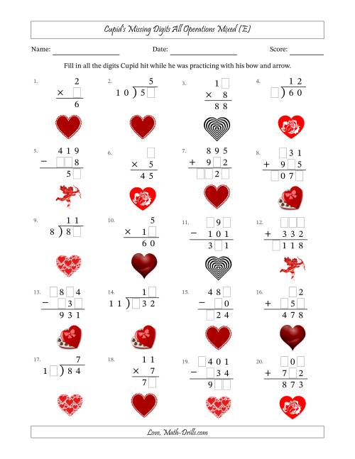 The Cupid's Missing Digits All Operations Mixed (Easier Version) (E) Math Worksheet