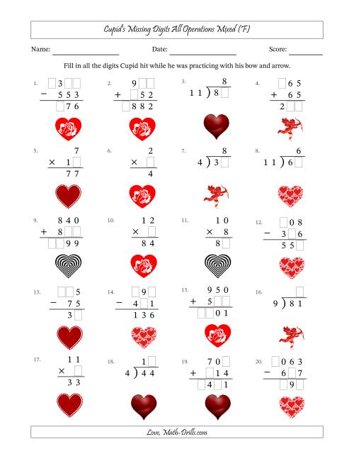 The Cupid's Missing Digits All Operations Mixed (Easier Version) (F) Math Worksheet