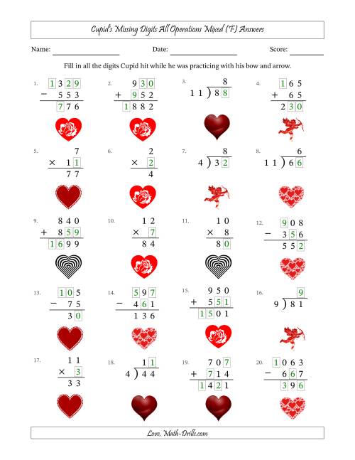 The Cupid's Missing Digits All Operations Mixed (Easier Version) (F) Math Worksheet Page 2