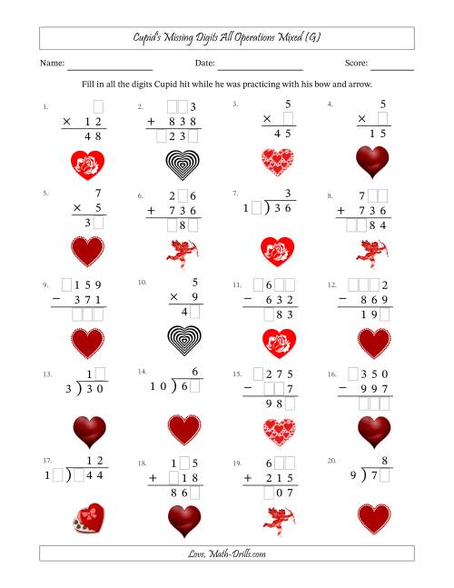 The Cupid's Missing Digits All Operations Mixed (Easier Version) (G) Math Worksheet
