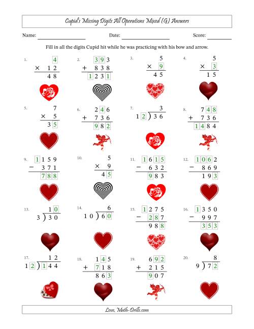 The Cupid's Missing Digits All Operations Mixed (Easier Version) (G) Math Worksheet Page 2