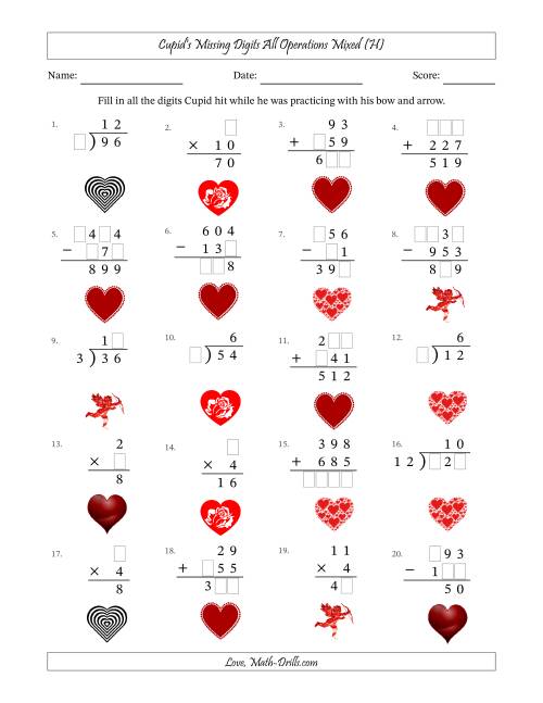 The Cupid's Missing Digits All Operations Mixed (Easier Version) (H) Math Worksheet