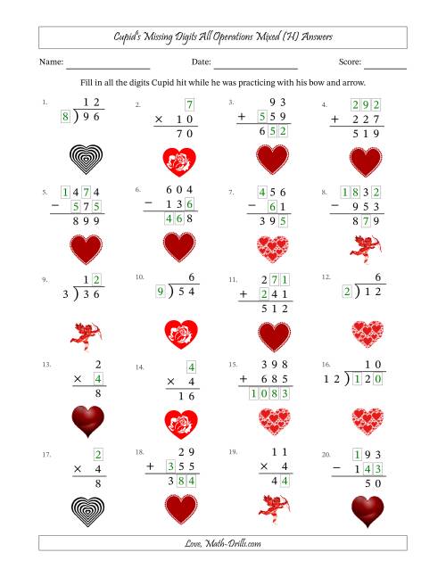 The Cupid's Missing Digits All Operations Mixed (Easier Version) (H) Math Worksheet Page 2