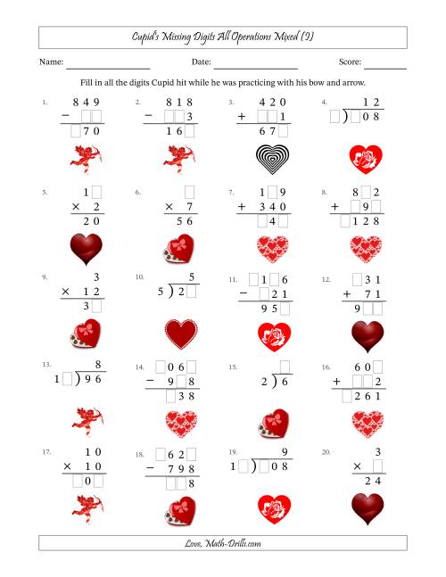The Cupid's Missing Digits All Operations Mixed (Easier Version) (I) Math Worksheet
