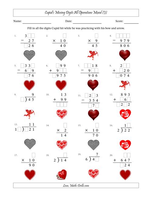 The Cupid's Missing Digits All Operations Mixed (Easier Version) (J) Math Worksheet