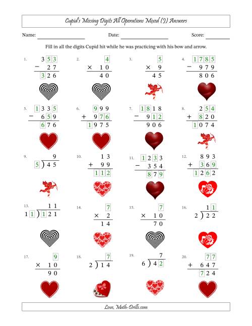 The Cupid's Missing Digits All Operations Mixed (Easier Version) (J) Math Worksheet Page 2