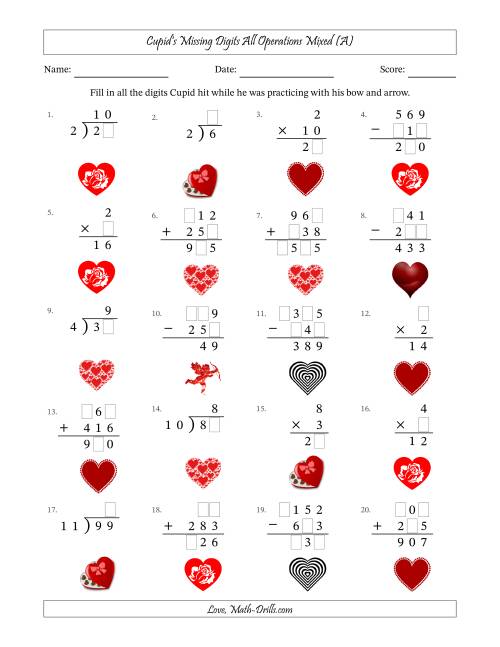 The Cupid's Missing Digits All Operations Mixed (Easier Version) (All) Math Worksheet