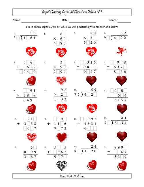 The Cupid's Missing Digits All Operations Mixed (Harder Version) (B) Math Worksheet