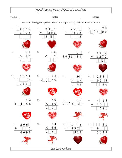 The Cupid's Missing Digits All Operations Mixed (Harder Version) (C) Math Worksheet