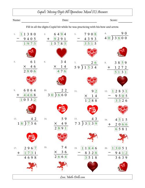 The Cupid's Missing Digits All Operations Mixed (Harder Version) (C) Math Worksheet Page 2