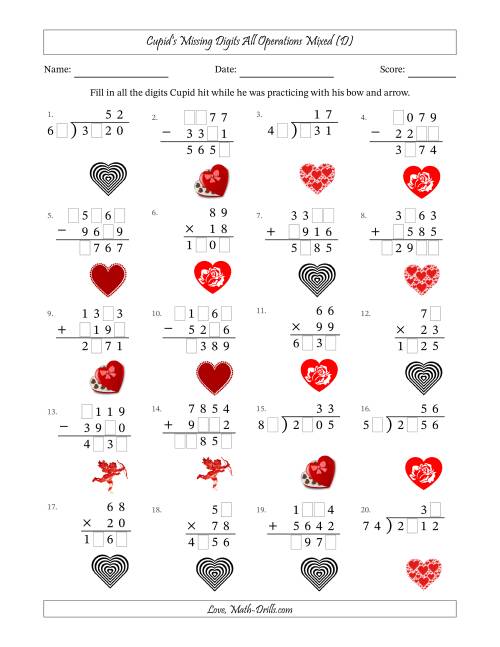 The Cupid's Missing Digits All Operations Mixed (Harder Version) (D) Math Worksheet