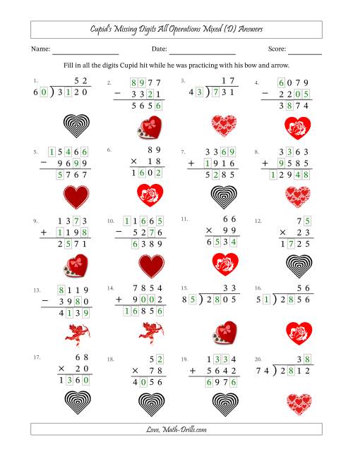 The Cupid's Missing Digits All Operations Mixed (Harder Version) (D) Math Worksheet Page 2