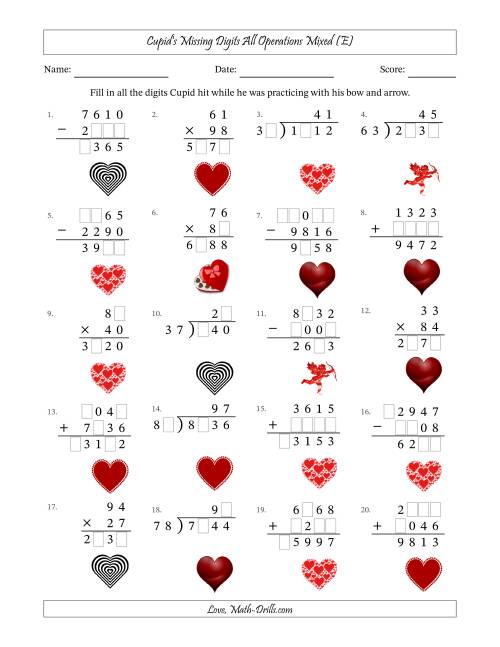 The Cupid's Missing Digits All Operations Mixed (Harder Version) (E) Math Worksheet