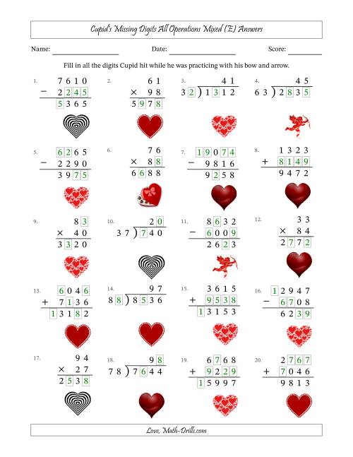 The Cupid's Missing Digits All Operations Mixed (Harder Version) (E) Math Worksheet Page 2
