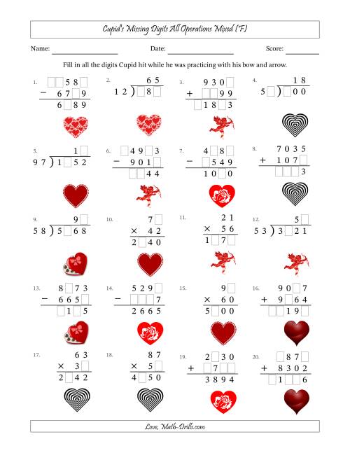 The Cupid's Missing Digits All Operations Mixed (Harder Version) (F) Math Worksheet