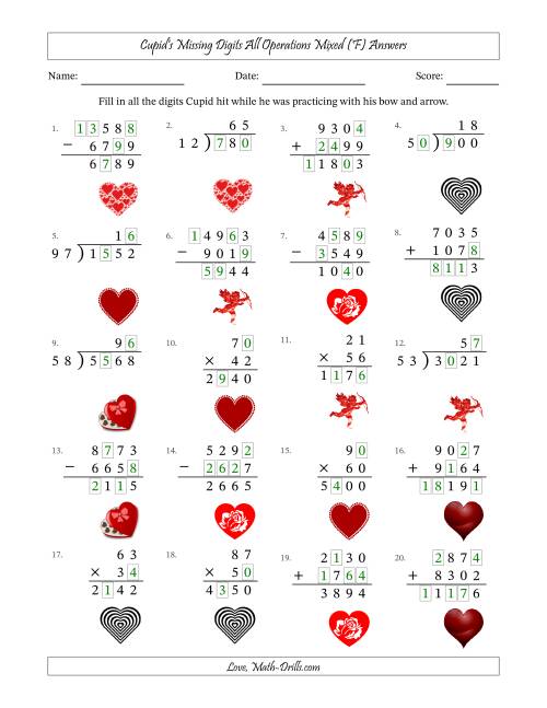 The Cupid's Missing Digits All Operations Mixed (Harder Version) (F) Math Worksheet Page 2