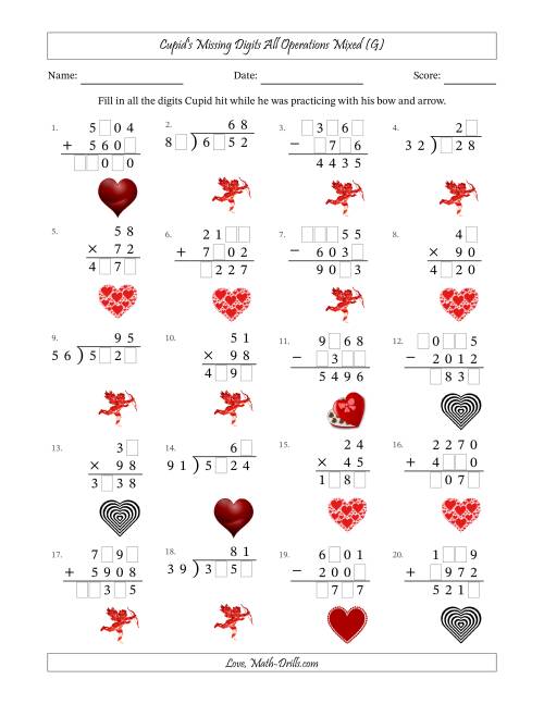The Cupid's Missing Digits All Operations Mixed (Harder Version) (G) Math Worksheet